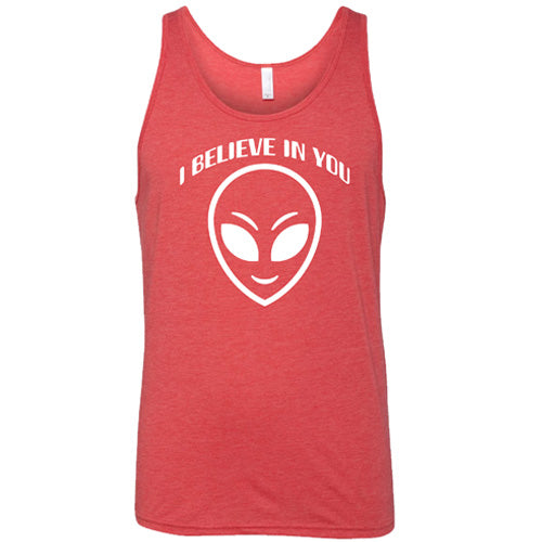red unisex shirt with a "I believe in you" quote and alien head design on it
