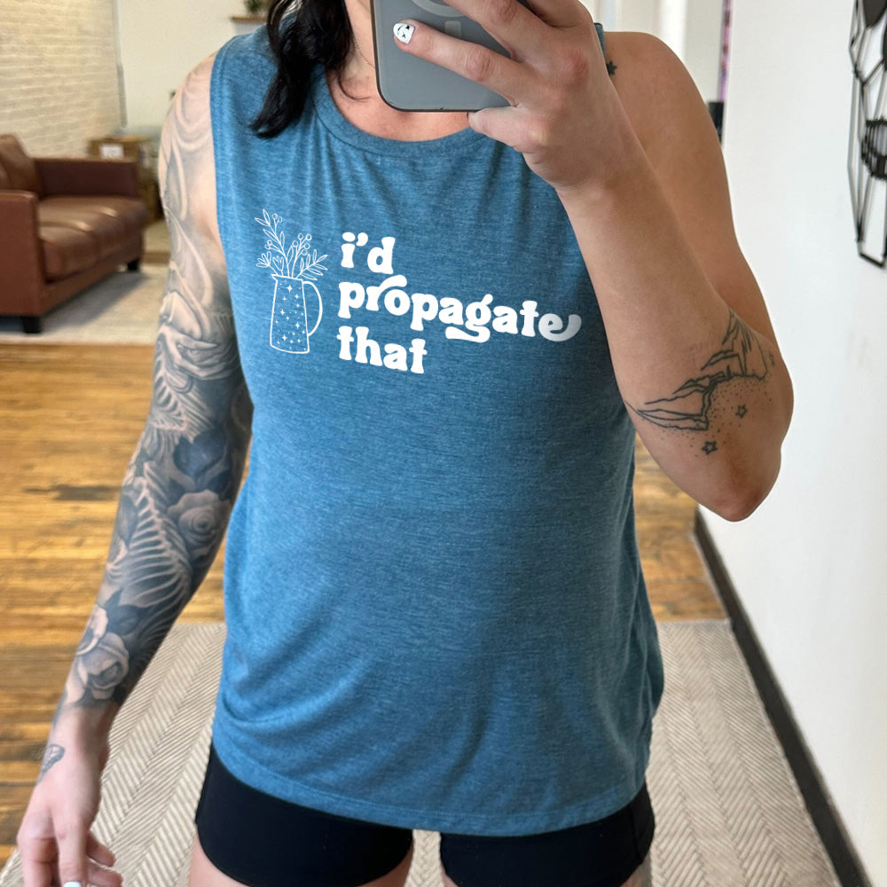 deep teal muscle tank with a pitcher of plants graphic on it that says "I'd Propagate That" 