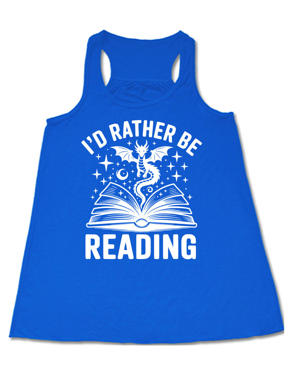 blue flowy racerback tank with the words "I'd rather be reading" around the graphic of a dragon, hovering out of an open book, with stars all about