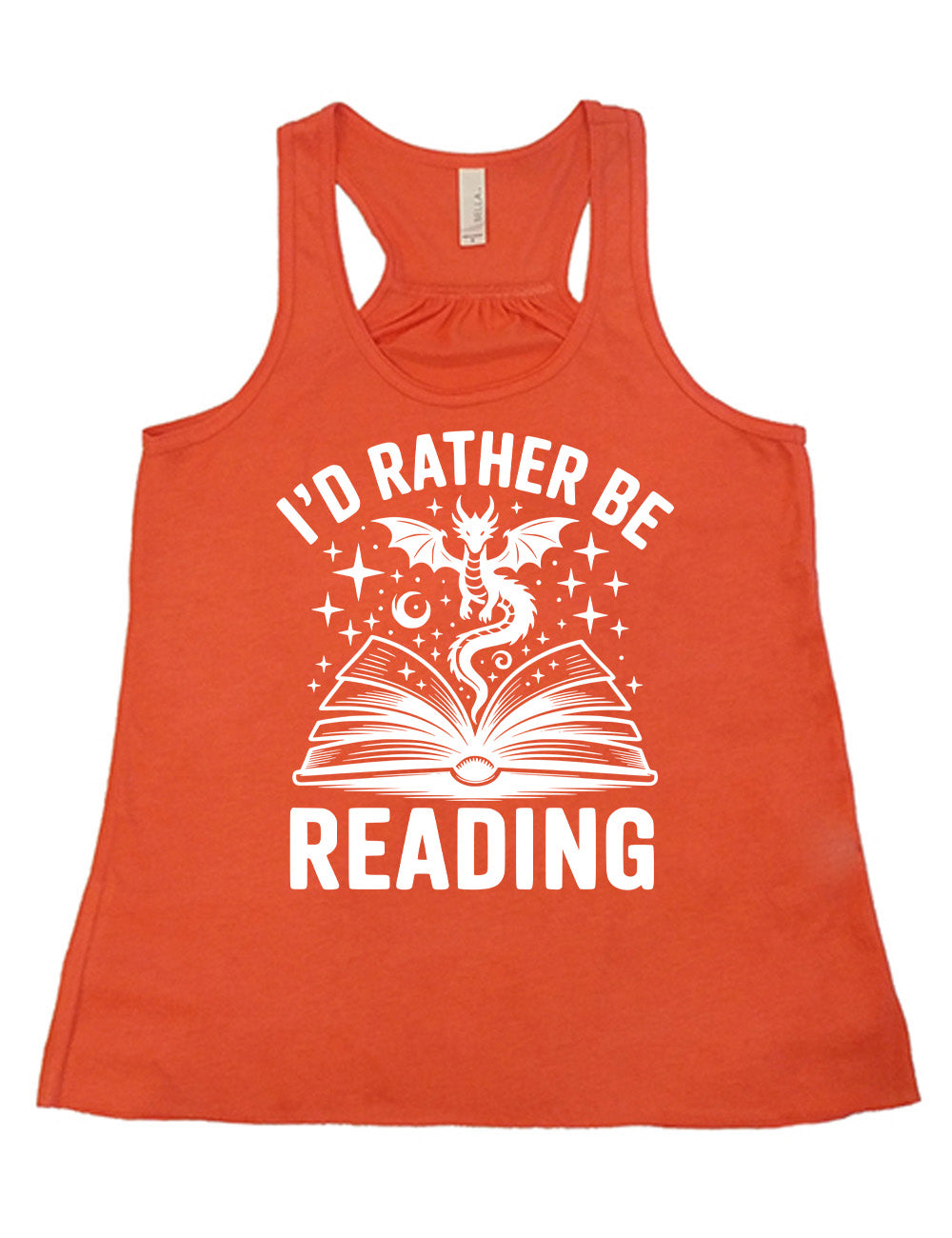 coral flowy racerback tank with the words "I'd rather be reading" around the graphic of a dragon, hovering out of an open book, with stars all about
