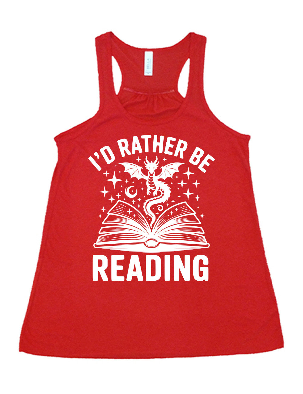 red flowy racerback tank with the words "I'd rather be reading" around the graphic of a dragon, hovering out of an open book, with stars all about