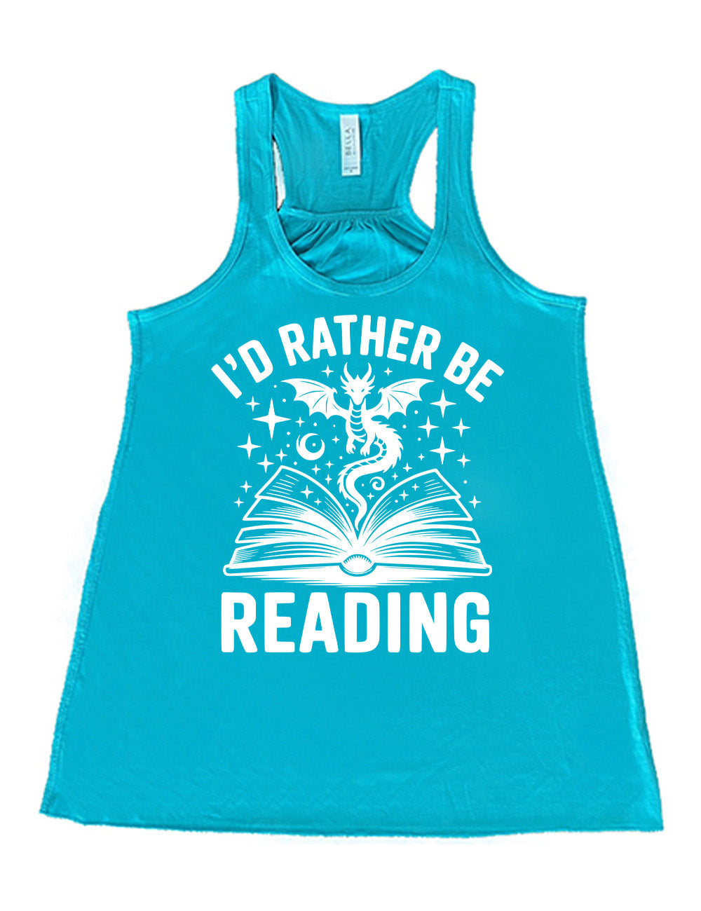 teal flowy racerback tank with the words "I'd rather be reading" around the graphic of a dragon, hovering out of an open book, with stars all about