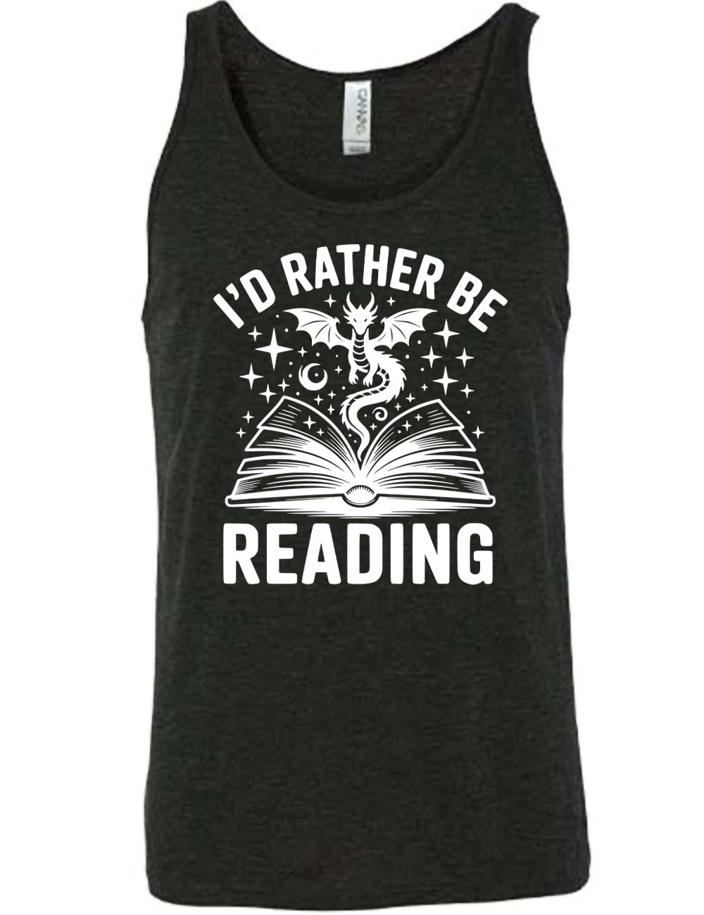 black unisex tank with the words "I'd rather be reading" around the graphic of a dragon, hovering out of an open book, with stars all about