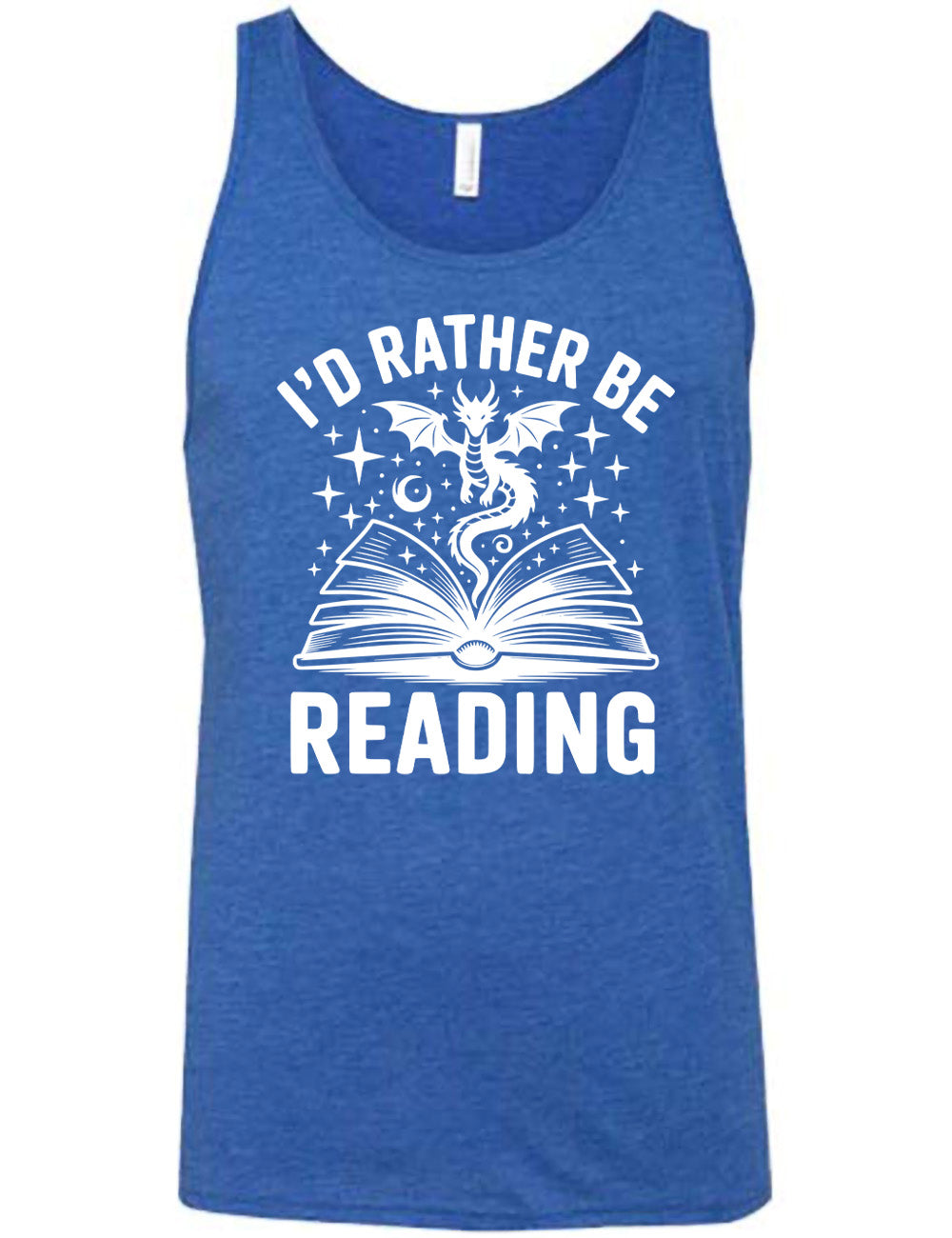 blue unisex tank with the words "I'd rather be reading" around the graphic of a dragon, hovering out of an open book, with stars all about