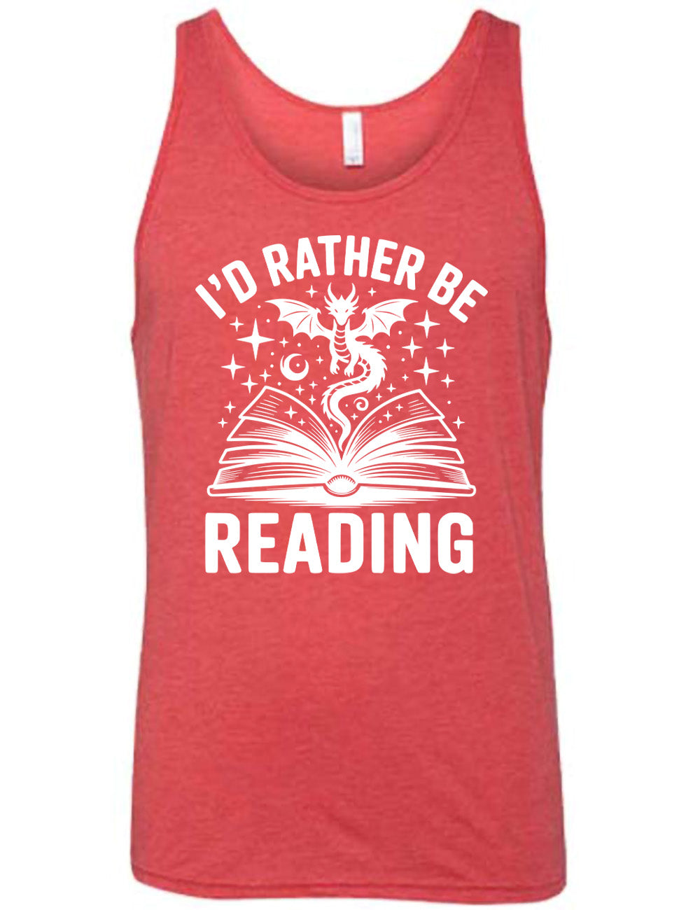 red unisex tank with the words "I'd rather be reading" around the graphic of a dragon, hovering out of an open book, with stars all about