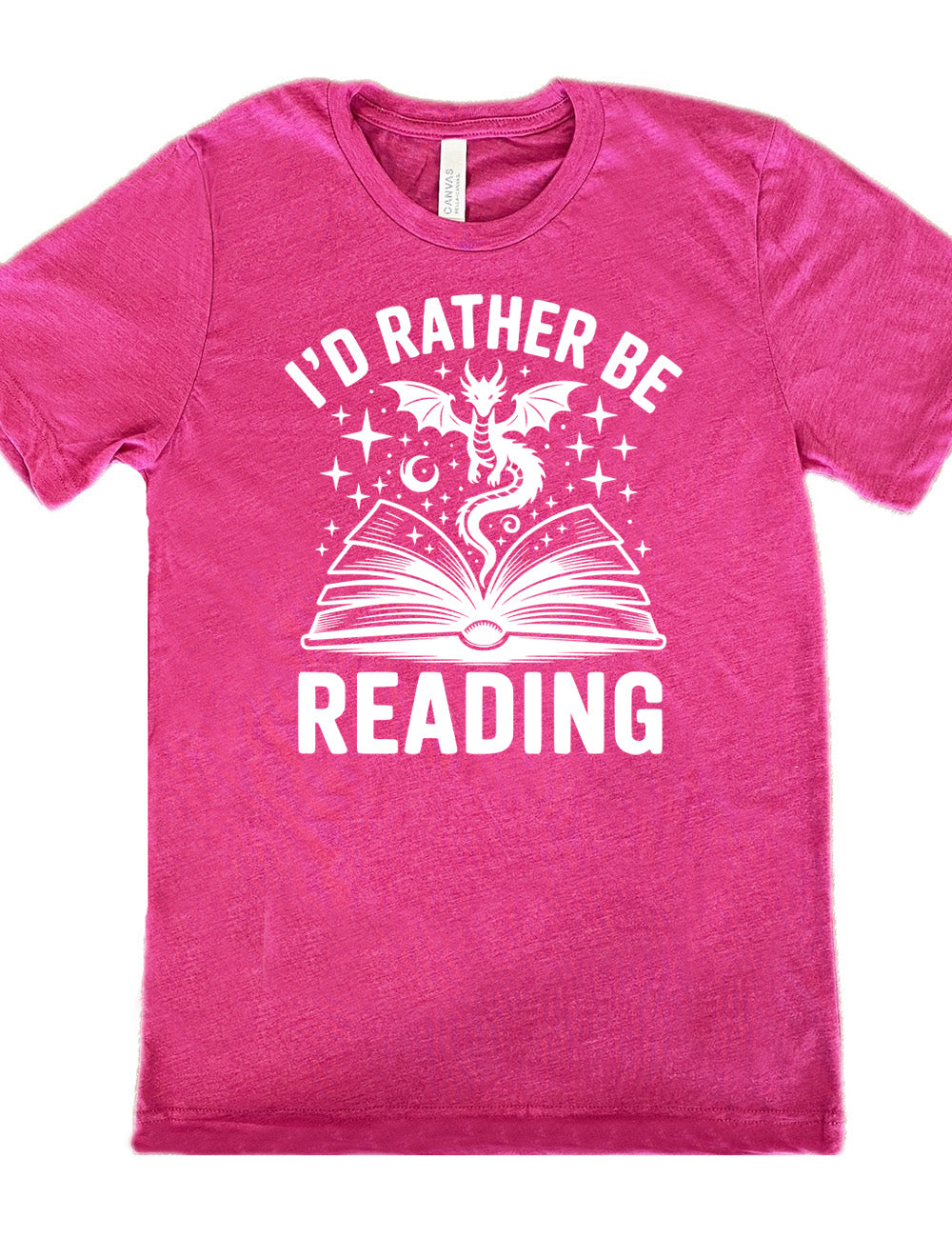 berry unisex tee with the words "I'd rather be reading" around the graphic of a dragon, hovering out of an open book, with stars all about