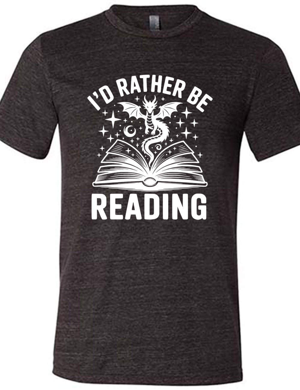 black unisex tee with the words "I'd rather be reading" around the graphic of a dragon, hovering out of an open book, with stars all about