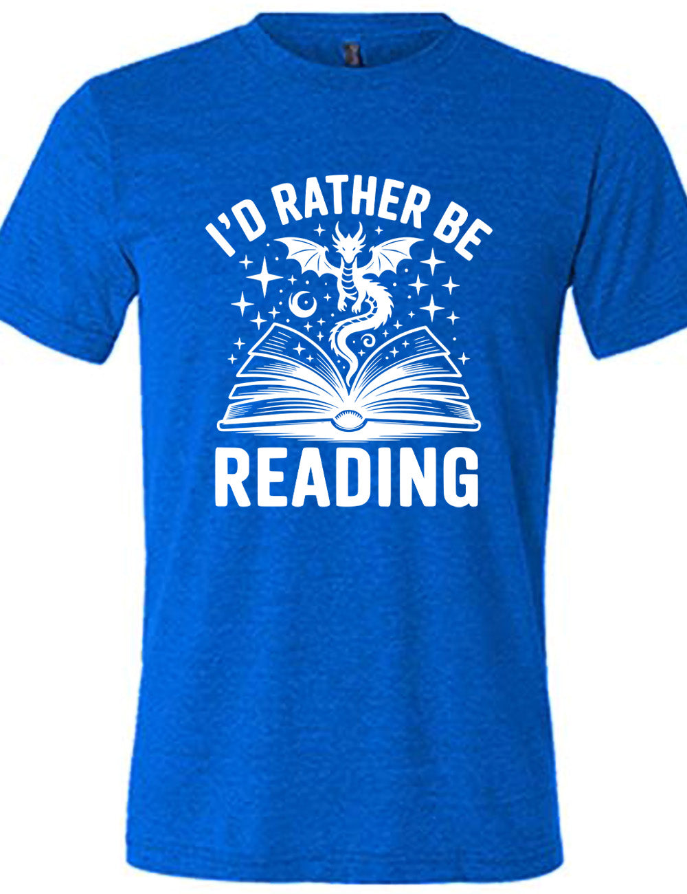 blue unisex tee with the words "I'd rather be reading" around the graphic of a dragon, hovering out of an open book, with stars all about