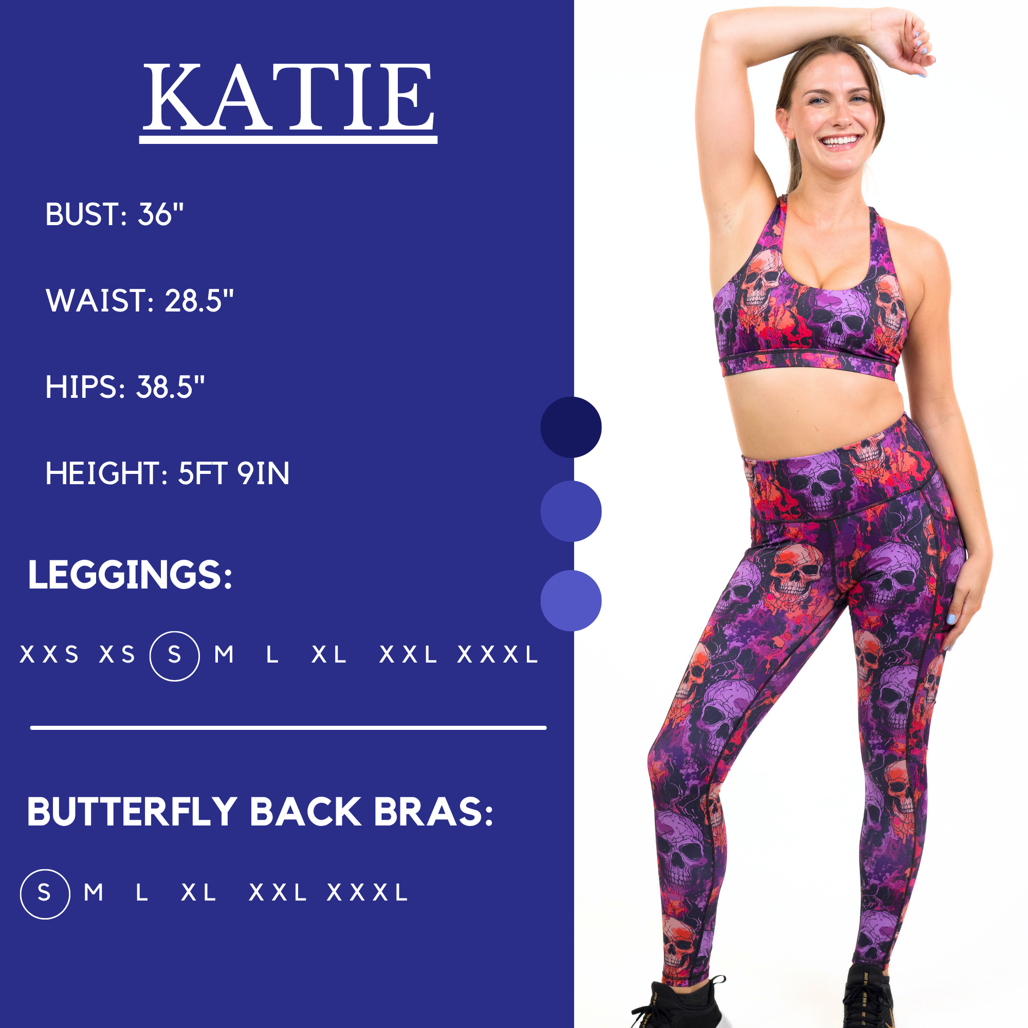 Model’s measurements of 36” bust, 28.5” waist, 38.5” hips and height of 5 ft 9 inches. She is wearing a size small in our leggings