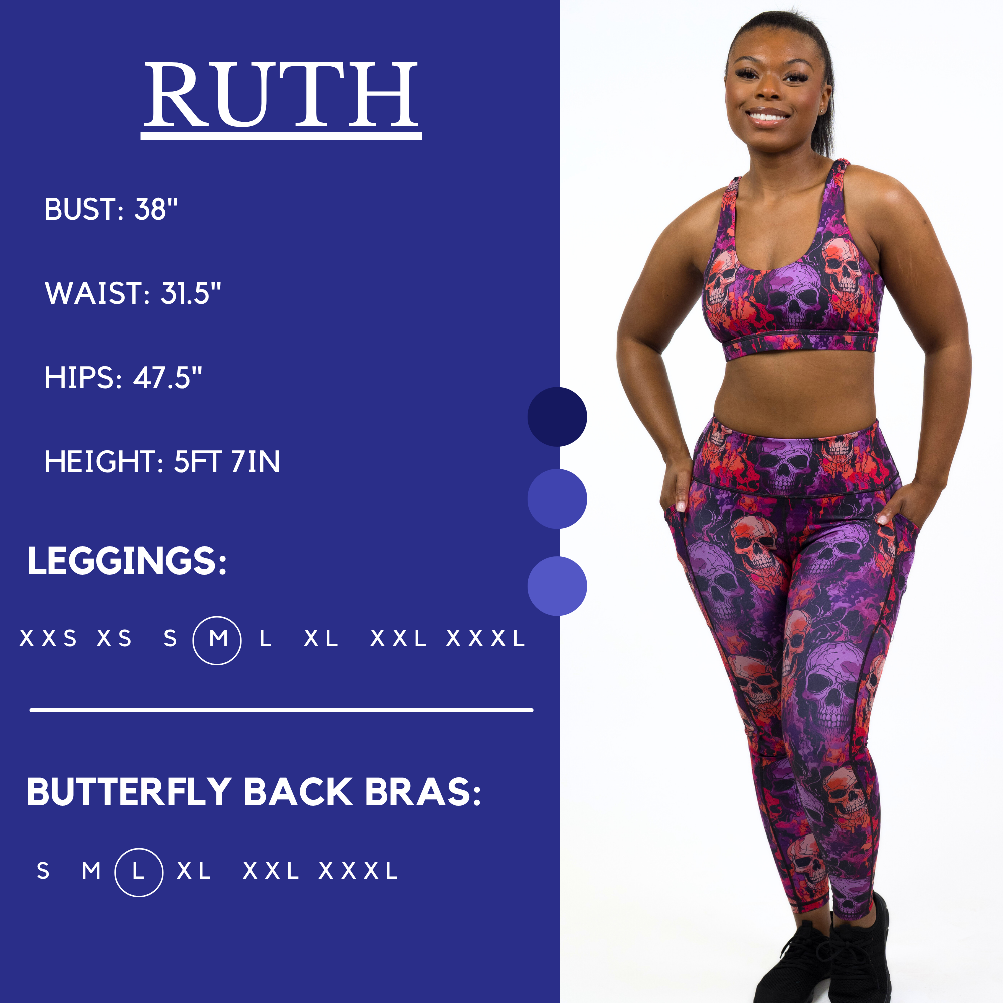 Model’s measurements of 38” bust, 31.5” waist, 47.5” hips and height of 5 ft 7 inches. She is wearing a size medium in our leggings