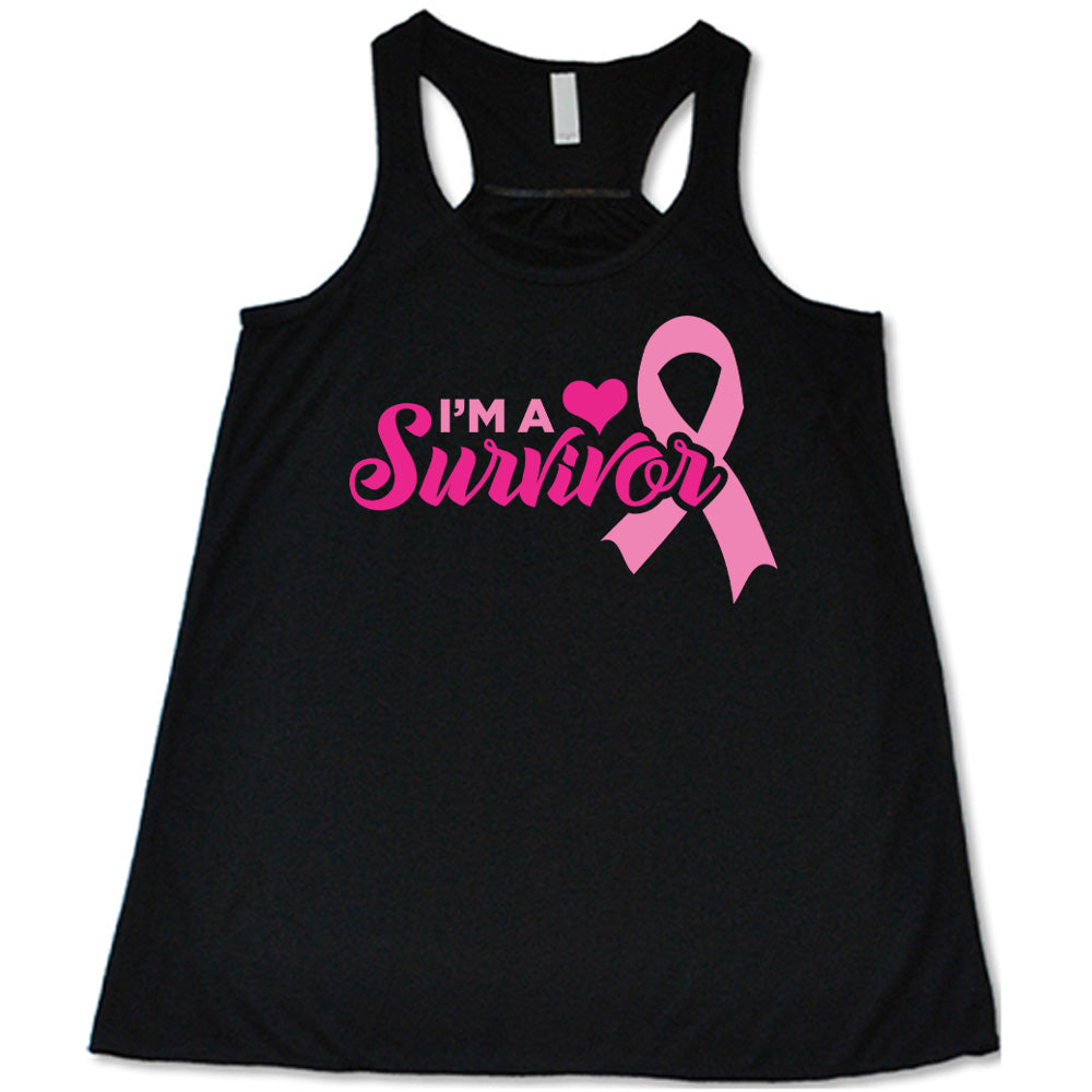 Black tank top with pink 'I'm a Survivor' text and ribbon design on a white background