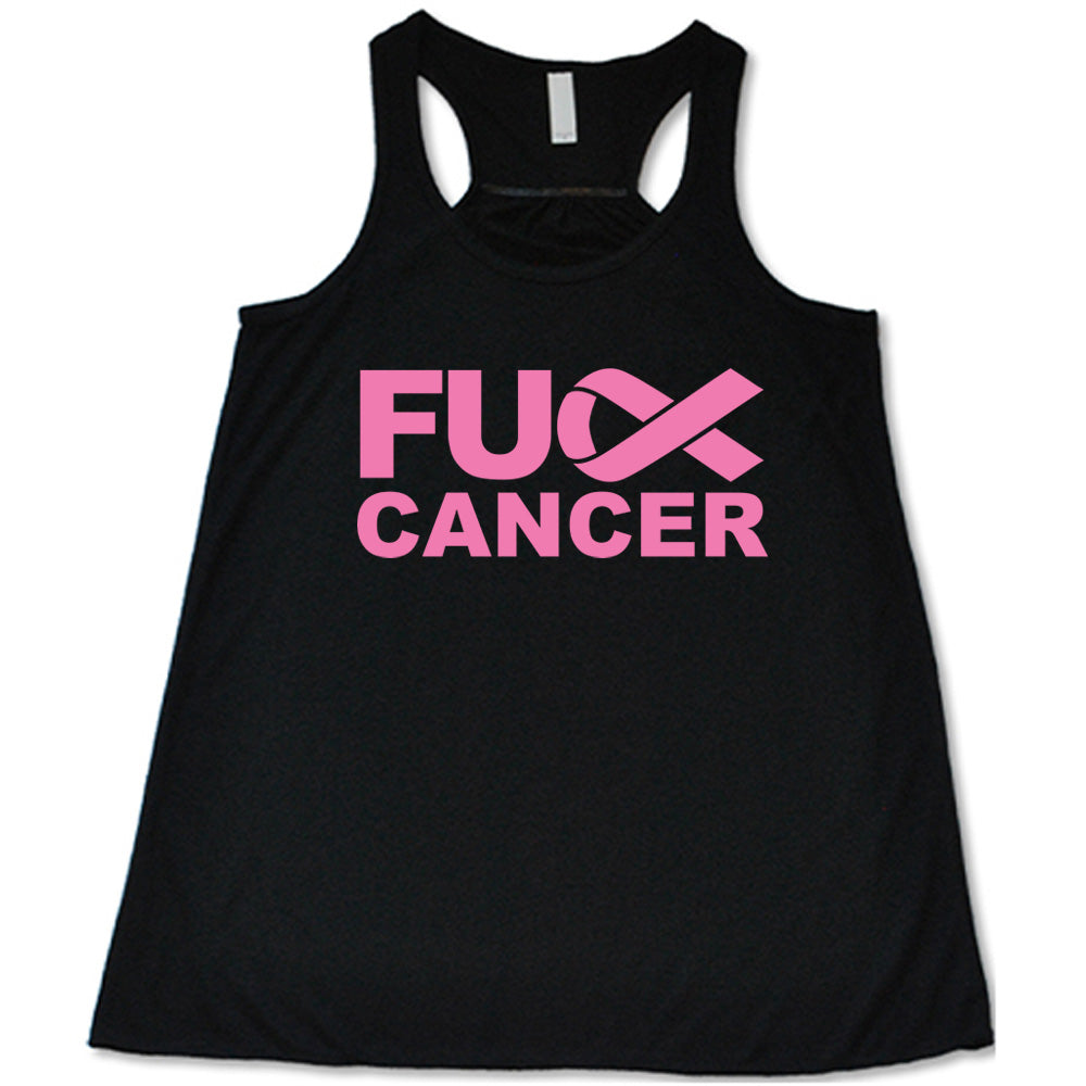 black t-shirt with 'FU Cancer' in pink text