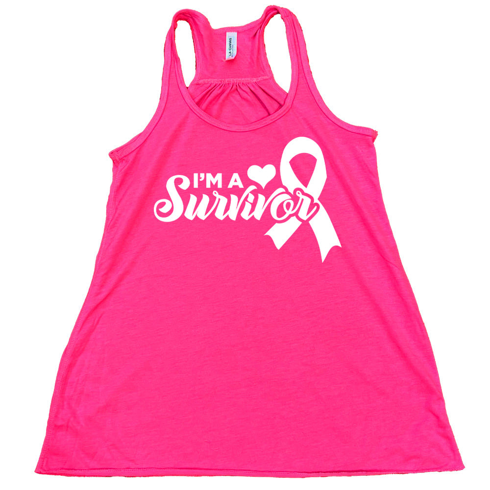 Pink tank top with 'I'm a Survivor' and a pink ribbon design on a white background