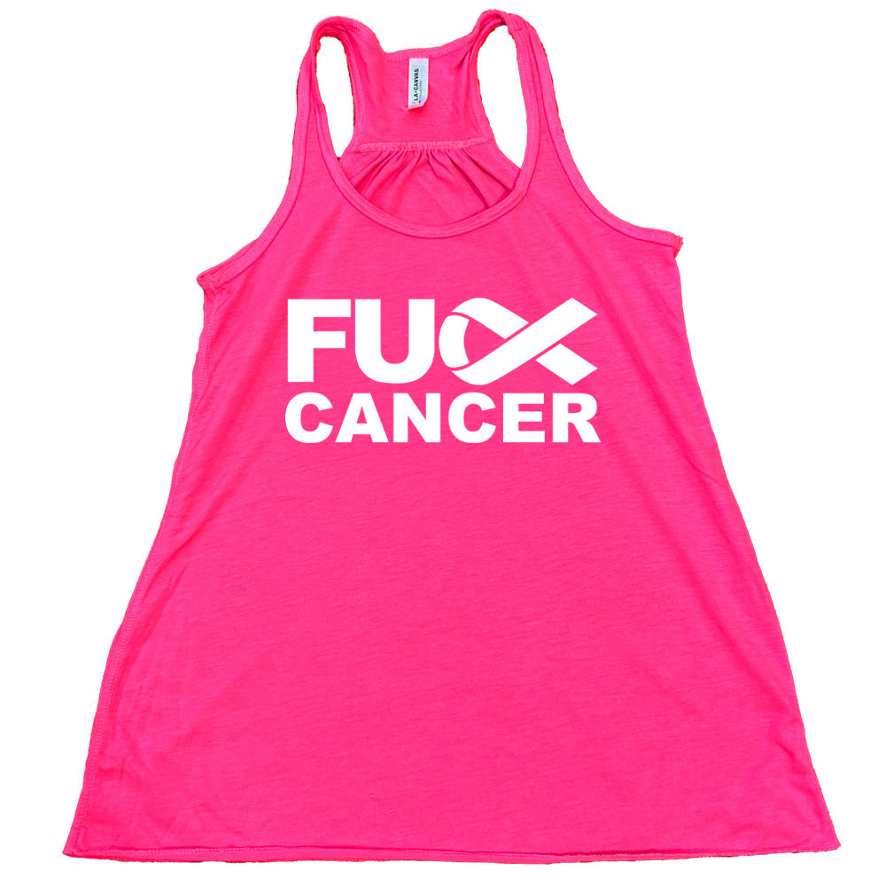 pink t-shirt with 'FU Cancer' in white text