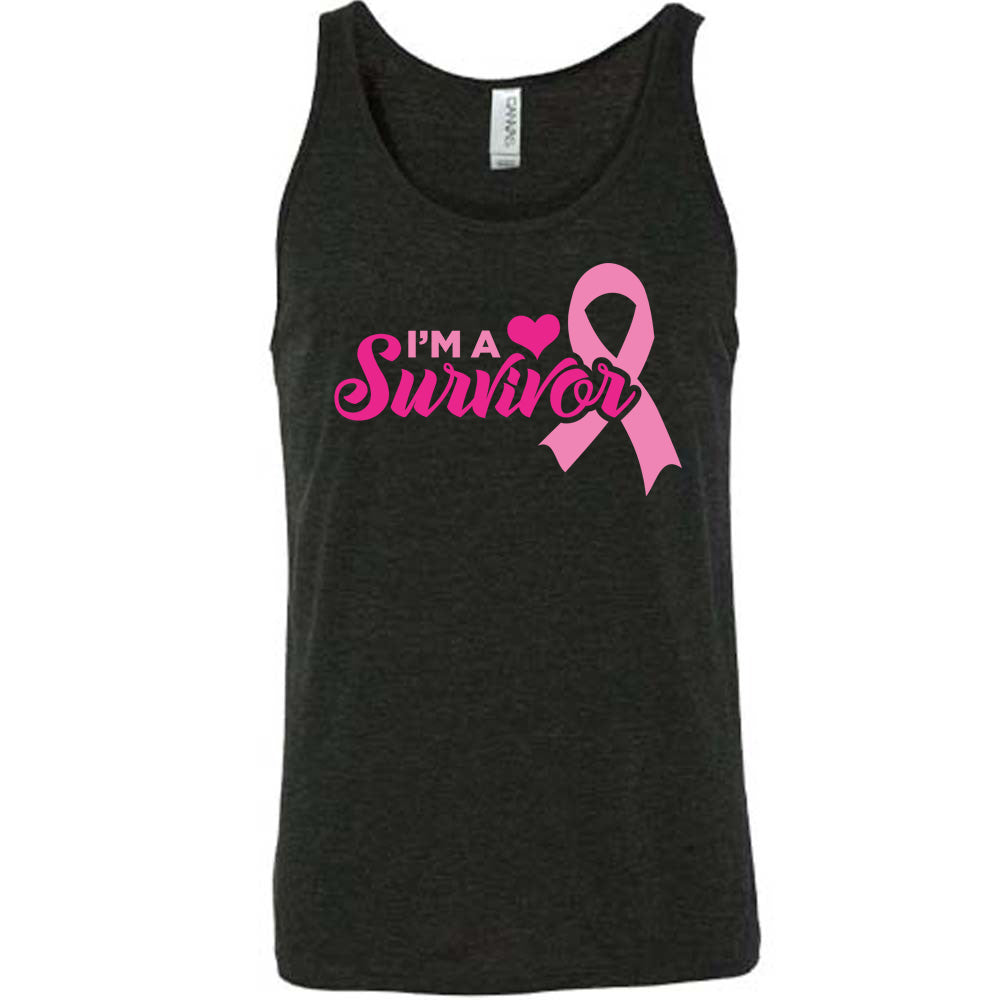 black t-shirt with 'I'm a Survivor' text and pink ribbon design on a white background