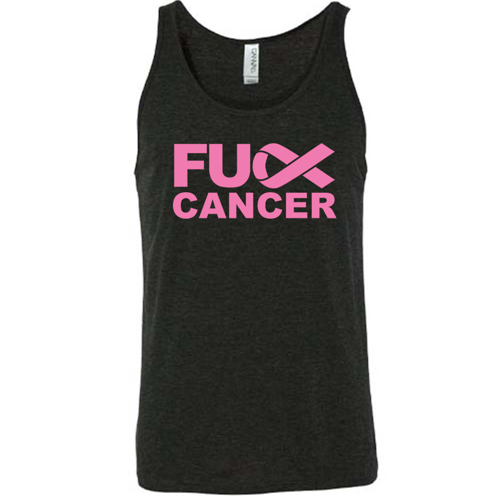 Black t-shirt with pink 'FU CANCER' text on a white background