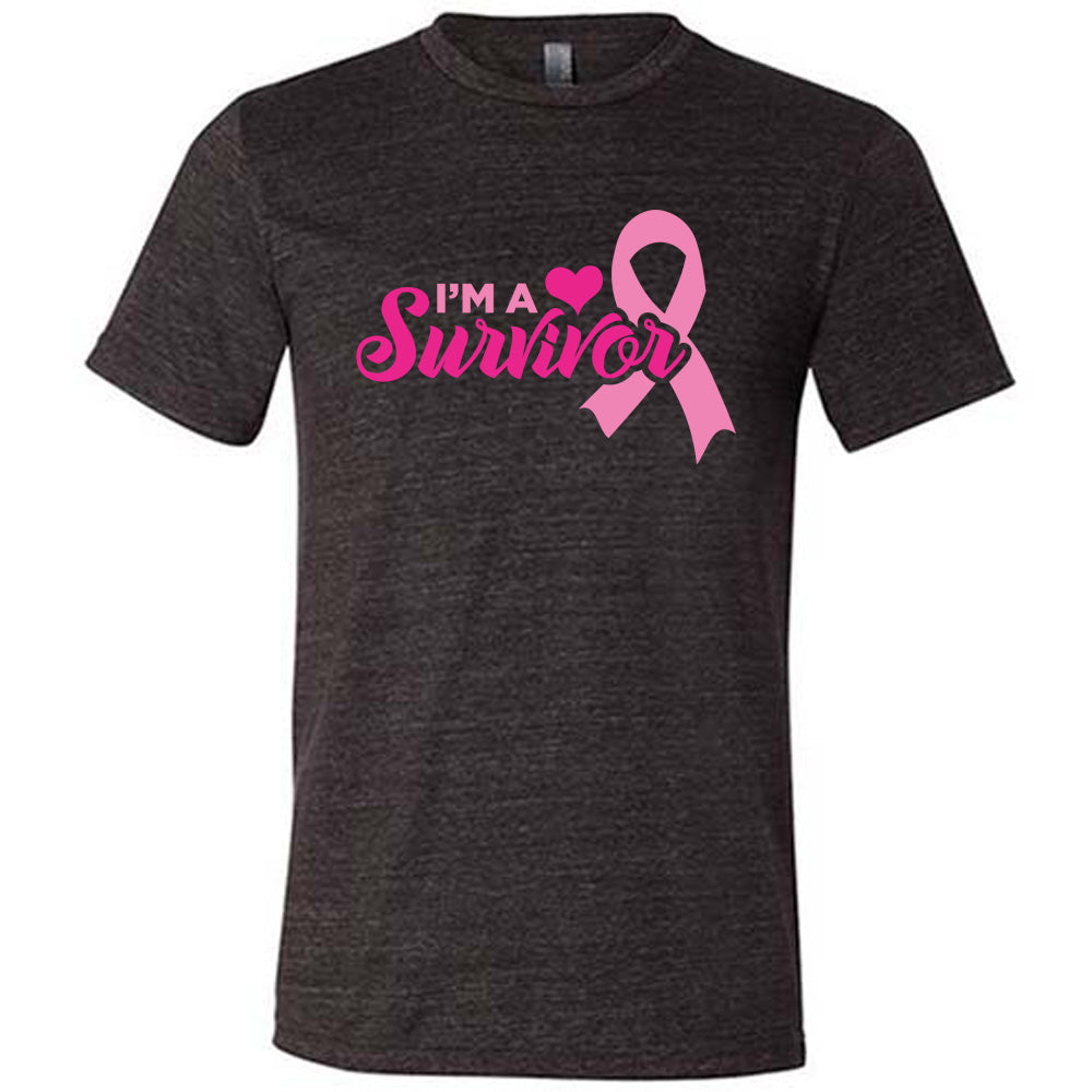 black t-shirt with 'I'm a Survivor' text and pink ribbon design on a white background