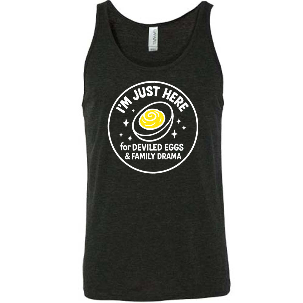black unisex tank with the words "I'm just here for the deviled eggs & family drama" on it within a circle, with the graphic of a deviled egg and a few little stars