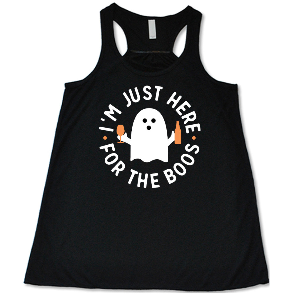 Black colored flowy tank with ghost holding wine glass and bottle graphic on it that says "I'm Just Here For The Boos"