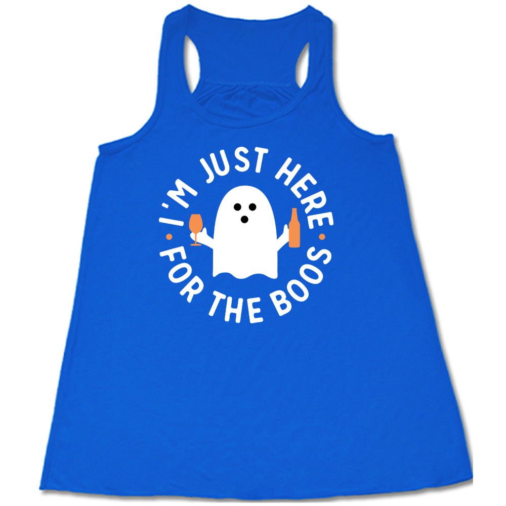 Blue colored flowy tank with ghost holding wine glass and bottle graphic on it that says "I'm Just Here For The Boos"