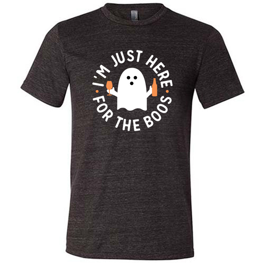 Black colored shirt with ghost holding wine glass and bottle graphic on it that says "I'm Just Here For The Boos"