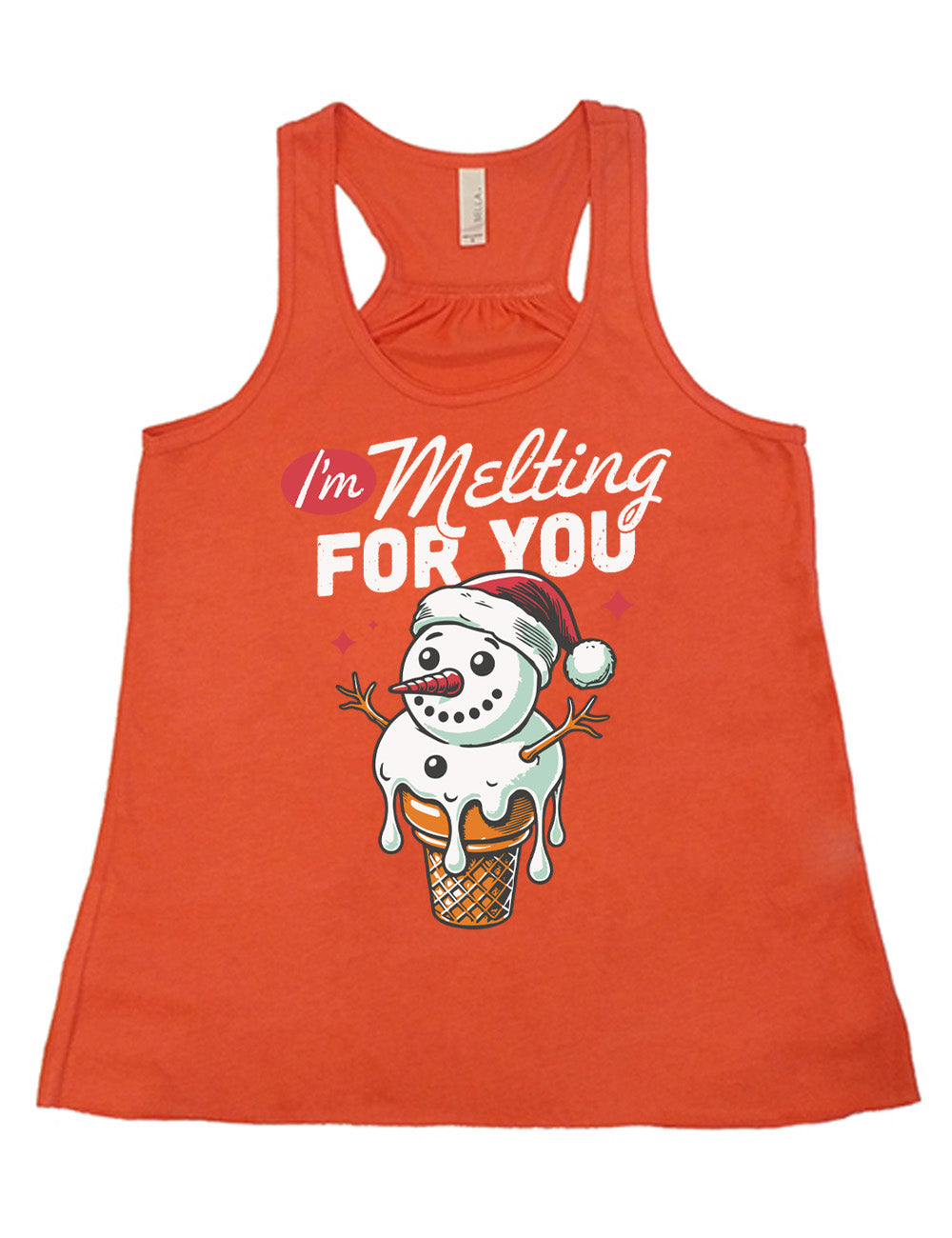 coral flowy racerback tank with the graphic of a happy snowman's head and torso as the ice cream in a cone, dripping, wearing a Santa hat, with a couple stars, and the words above this saying "I'm Melting FOR YOU" with the "I'm" in a red oval
