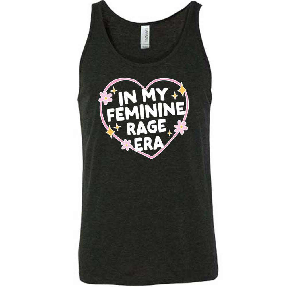 black unisex tank with the words "in my feminine rage era" within a heart, with scattered flowers and stars