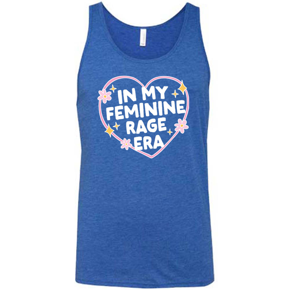 blue unisex tank with the words "in my feminine rage era" within a heart, with scattered flowers and stars