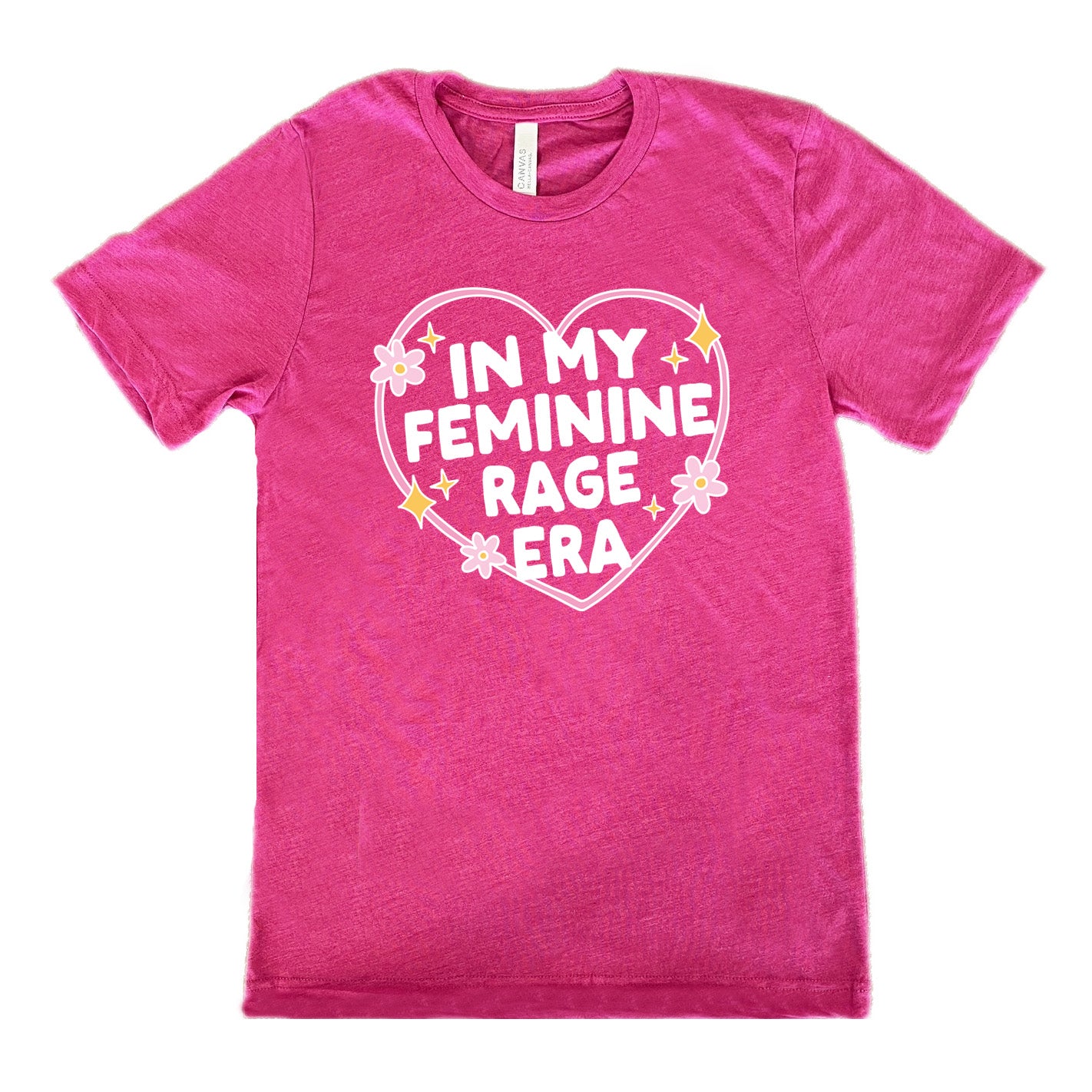 berry unisex tee with the words "in my feminine rage era" within a heart, with scattered flowers and stars