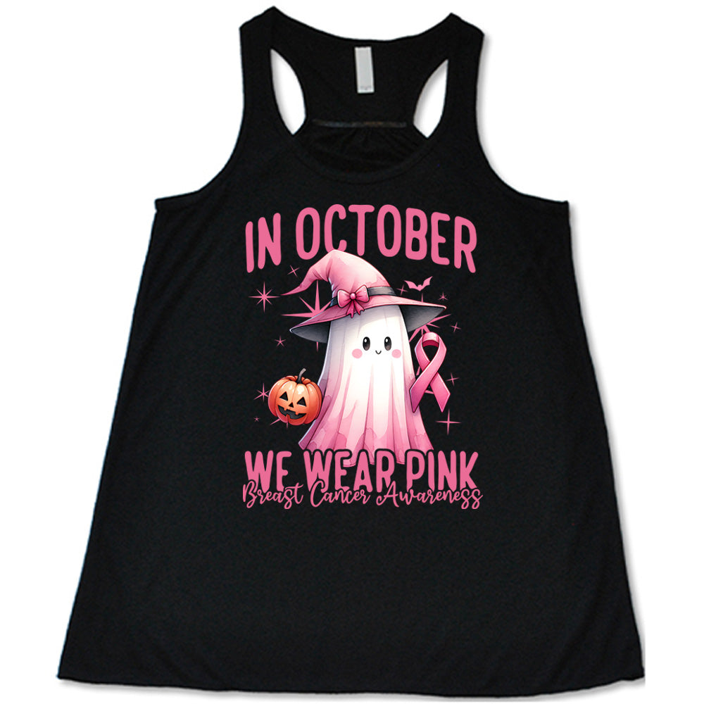 Black tank top with pink ghost design and breast cancer awareness message on a white background