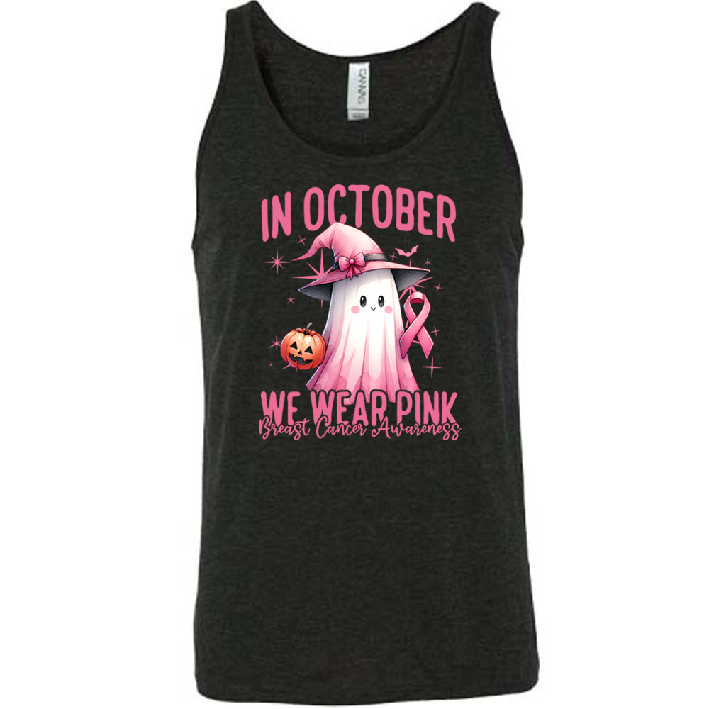 Black shirt with pink ghost design and breast cancer awareness message on a white background