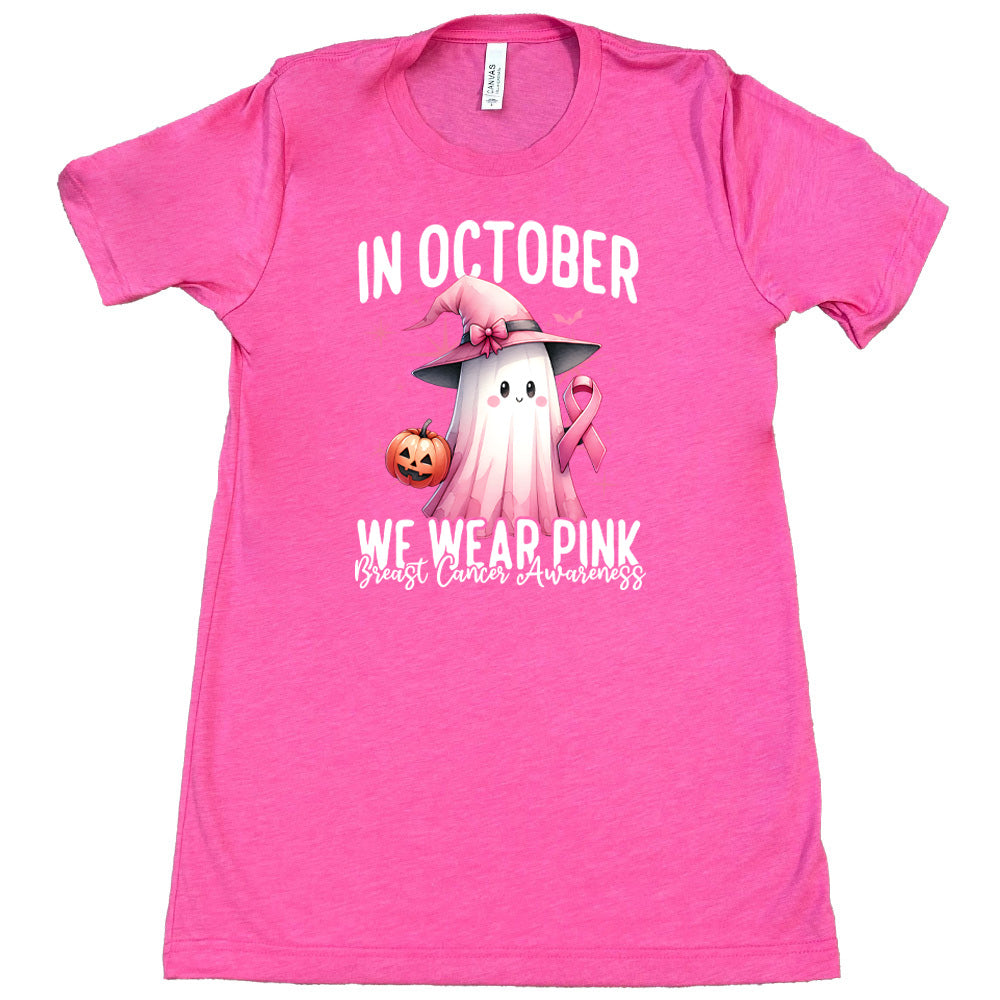 pink shirt with pink ghost design and breast cancer awareness message on a white background