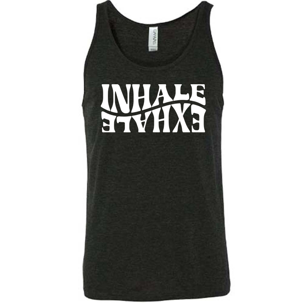 Black unisex tank with the words "inhale exhale" on it, with the word "exhale" upside down and backwards, giving almost a yin and yang effect