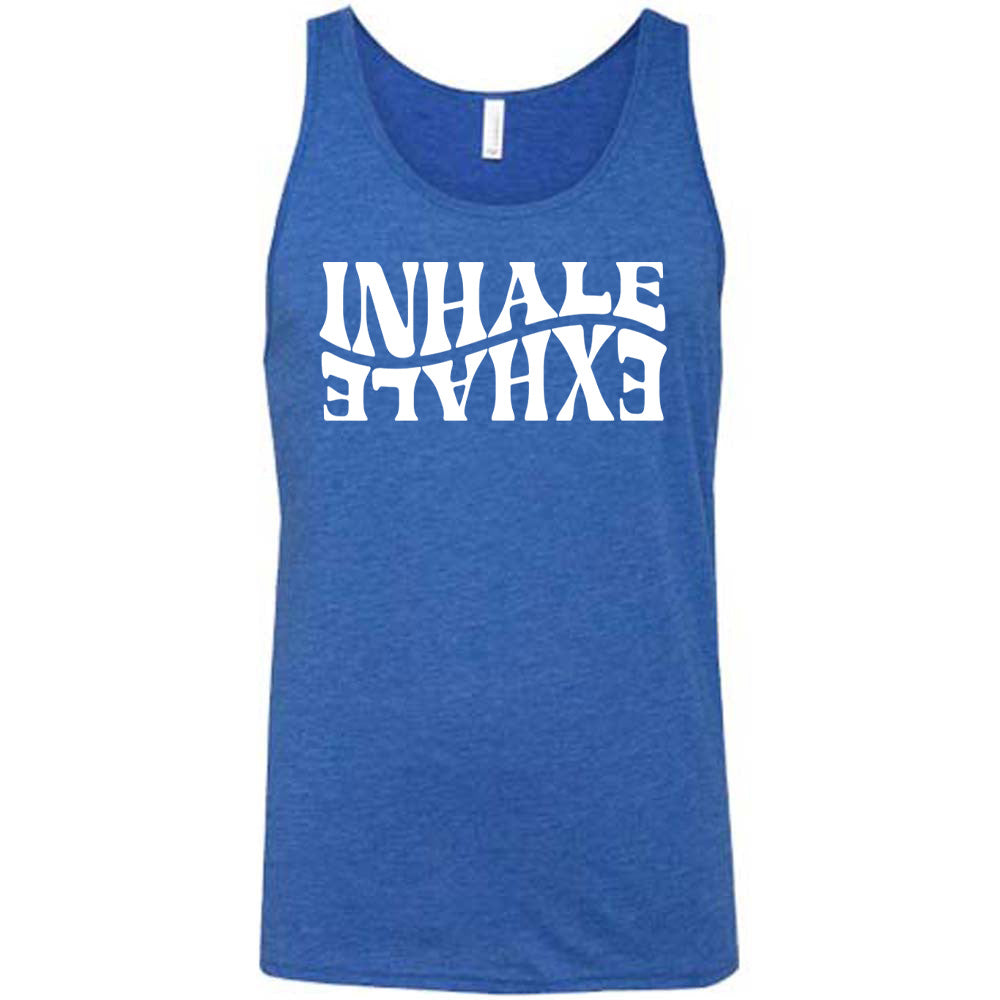 Blue  unisex tank with the words "inhale exhale" on it, with the word "exhale" upside down and backwards, giving almost a yin and yang effect