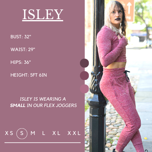Model's measurements of 32 inch bust, 29 inch waist, 36 inch hips, and height of 5 foot 4 inches. She is wearing a size small in these joggers