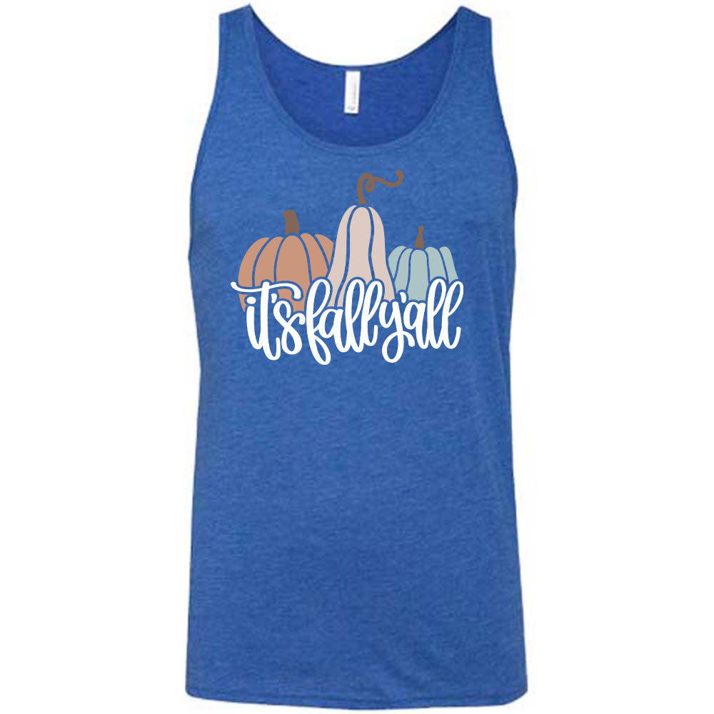 Blue colored tank with pumpkin and gourd graphic on it that says "It's Fall Y'all" 
