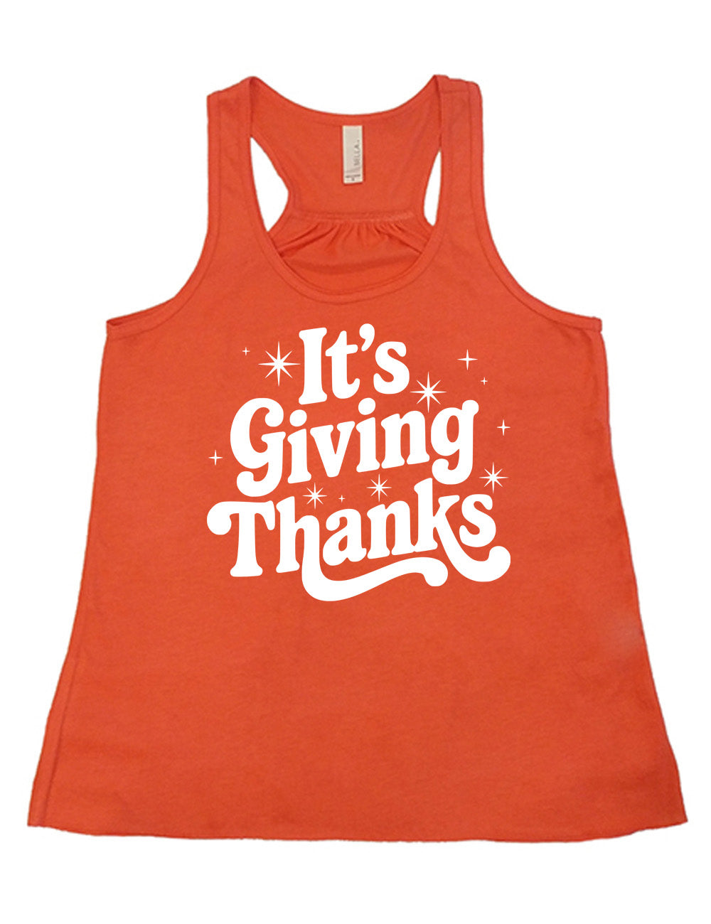 coral flowy racerback tank with the words "It's Giving Thanks" on it, surrounded by graphics of little stars