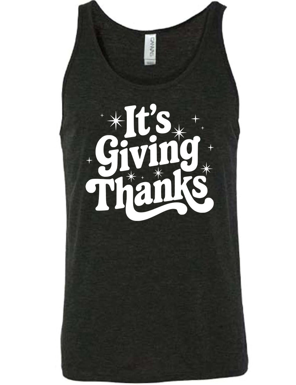 black unisex tank with the words "It's Giving Thanks" on it, surrounded by graphics of little stars