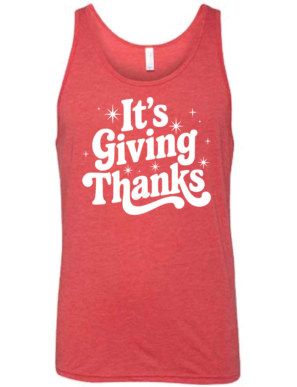 red unisex tank with the words "It's Giving Thanks" on it, surrounded by graphics of little stars