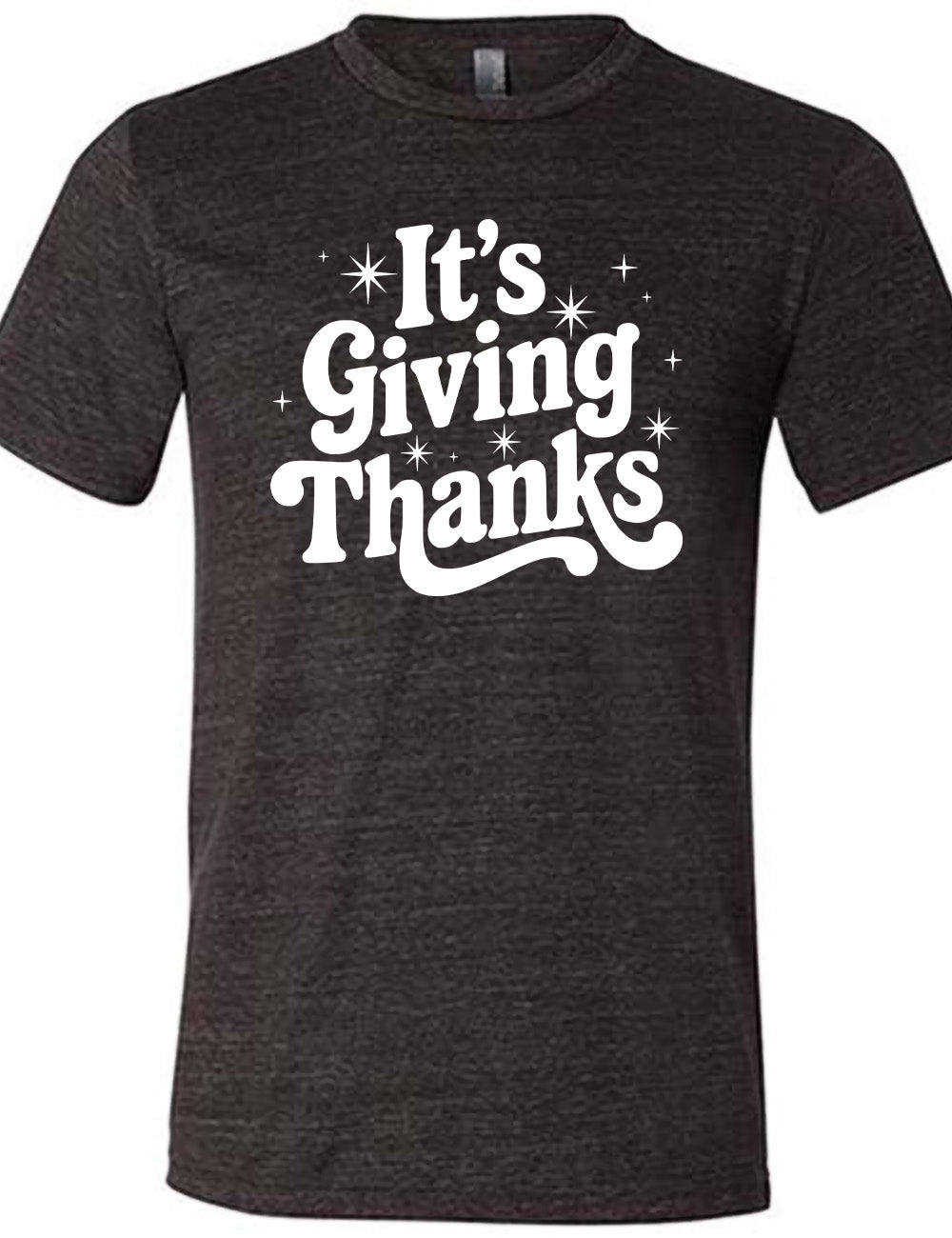 black unisex tee with the words "It's Giving Thanks" on it, surrounded by graphics of little stars