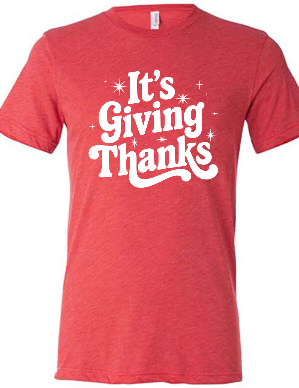 red unisex tee with the words "It's Giving Thanks" on it, surrounded by graphics of little stars
