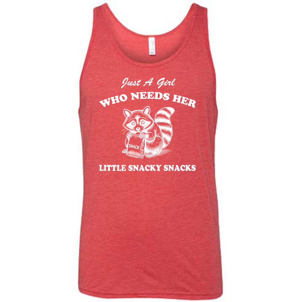 Red colored tank with a raccoon holding a snack graphic on it that says "Just a Girl Who Needs Her Little Snacky Snacks" 