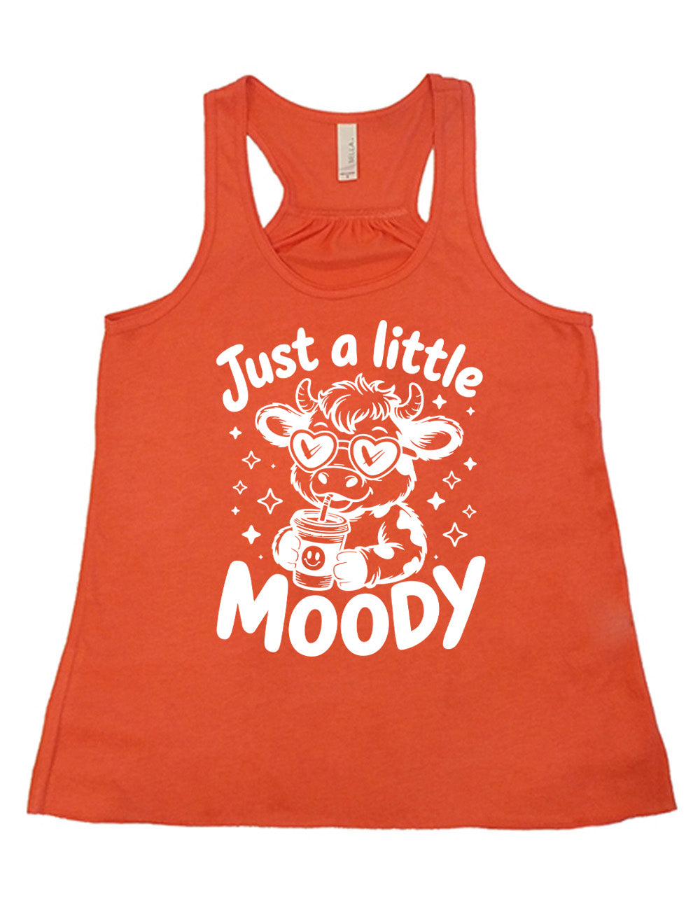 coral flowy racerback tank with the graphic of a cartoon cow, wearing heart sunglasses and drinking out of an iced cup with a straw, surrounded by little stars, as well as the words "just a little moody" around it