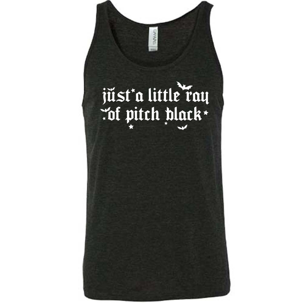 black unisex tank with the words "just a little ray of pitch black" on it in a medieval font, with little bats and stars accenting the words