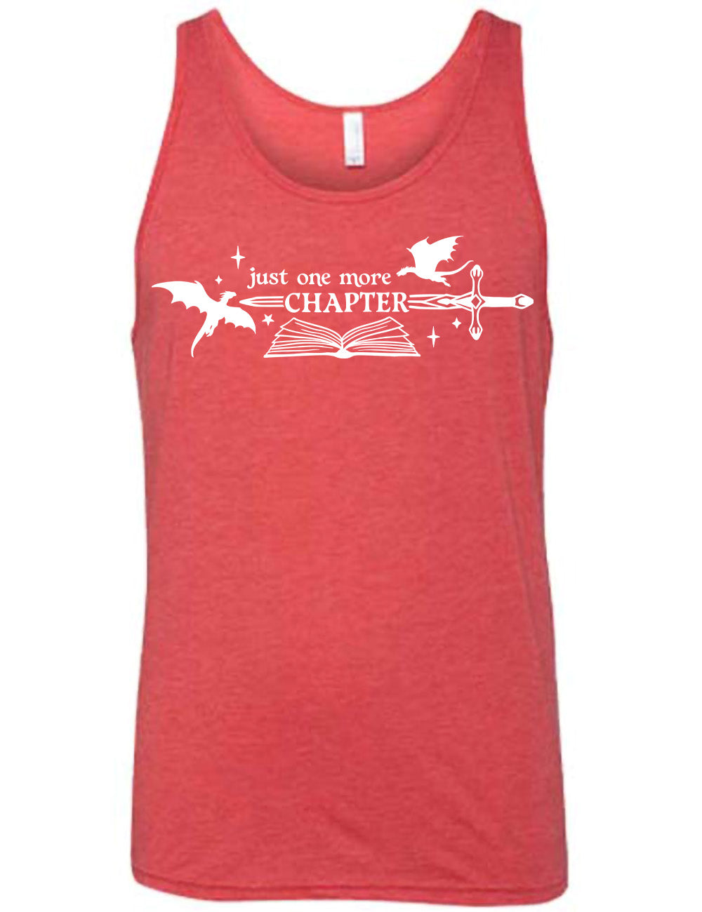 red unisex tank with the graphic of an open book, with stars and a couple dragon silhouettes, and a sword, and the words "just one more chapter" on it, with the word "chapter" overlaying the sword