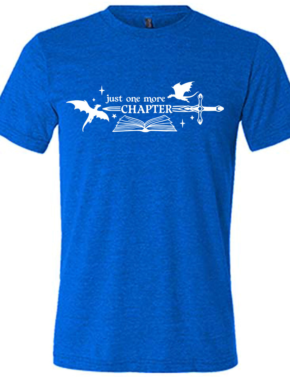 blue unisex tee with the graphic of an open book, with stars and a couple dragon silhouettes, and a sword, and the words "just one more chapter" on it, with the word "chapter" overlaying the sword
