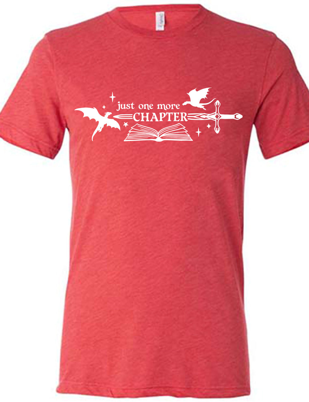 red unisex tee with the graphic of an open book, with stars and a couple dragon silhouettes, and a sword, and the words "just one more chapter" on it, with the word "chapter" overlaying the sword