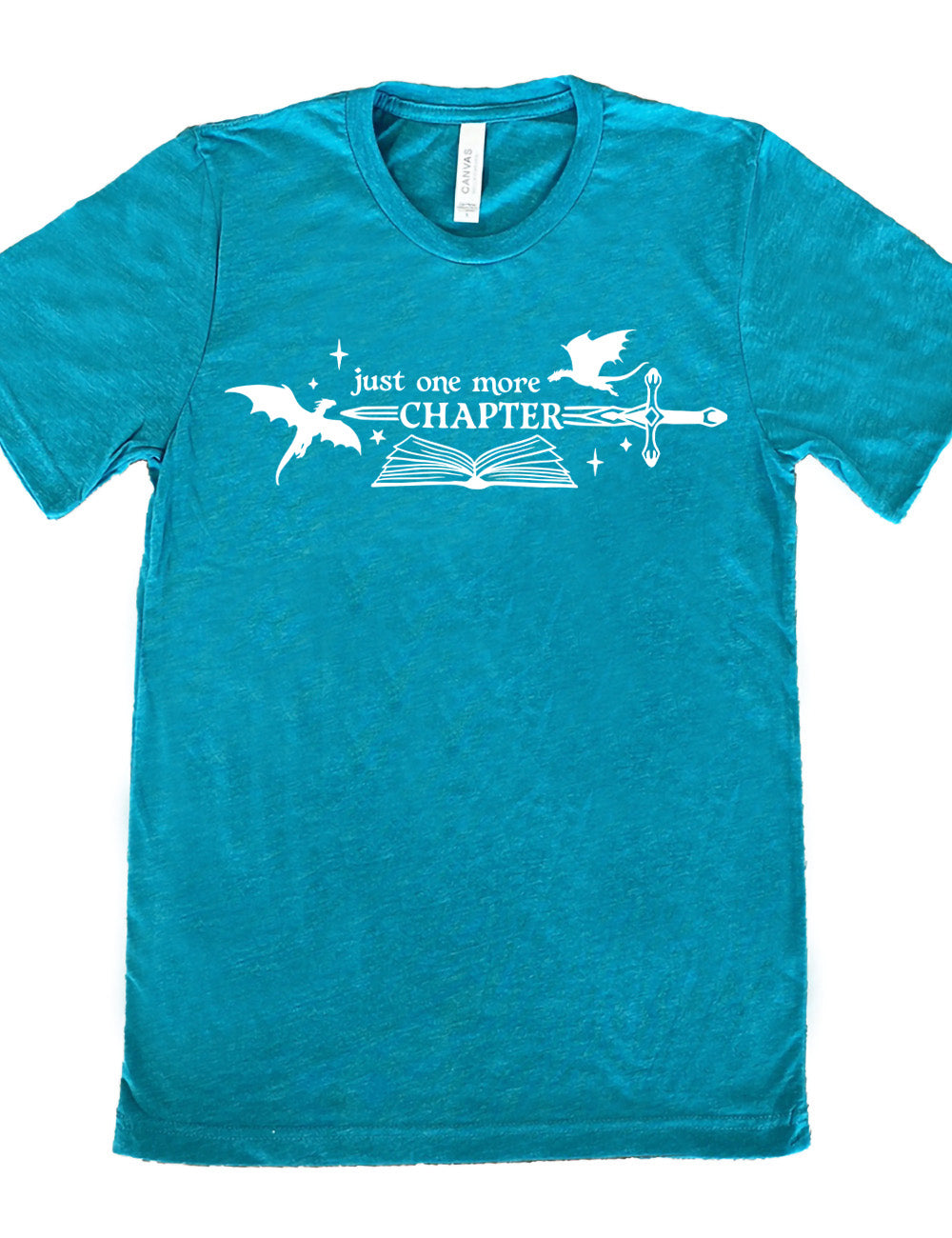 teal unisex tee with the graphic of an open book, with stars and a couple dragon silhouettes, and a sword, and the words "just one more chapter" on it, with the word "chapter" overlaying the sword