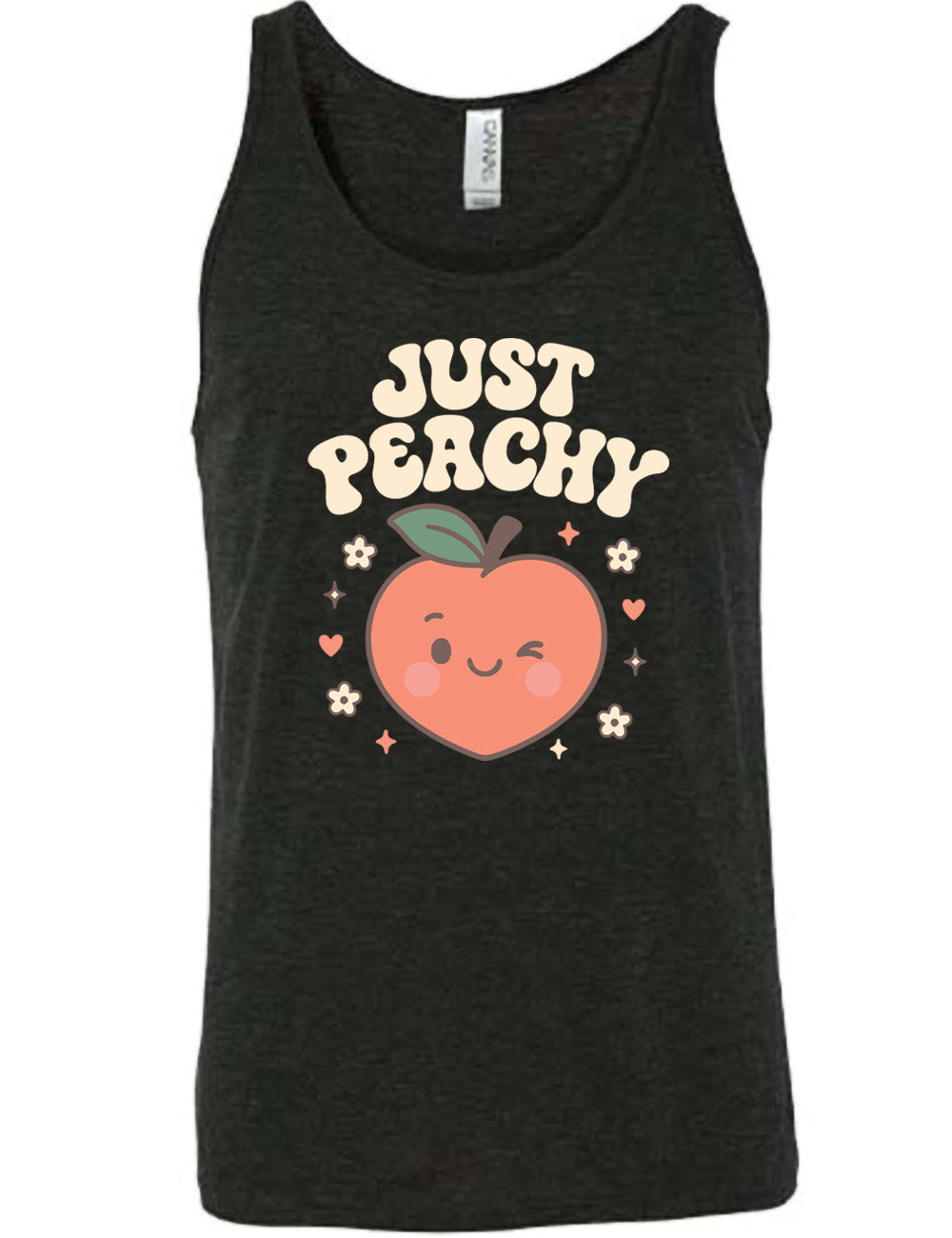 black unisex tank with the graphic of a winking peach, surrounded by little hearts, flowers, and stars, with the words above it saying "just peachy"