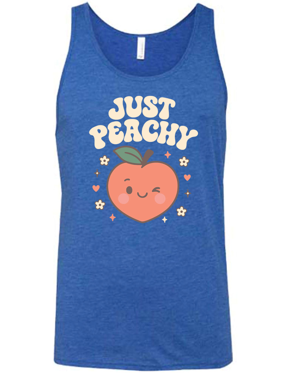blue unisex tank with the graphic of a winking peach, surrounded by little hearts, flowers, and stars, with the words above it saying "just peachy"